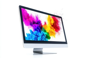 Poster - Vibrant abstract digital display on a modern computer screen illustrating colorful patterns and lines with a sleek keyboard in a minimalistic setting