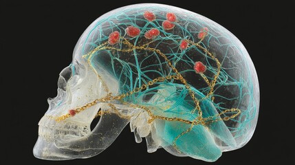 Aufkleber - Human skull with brain illustration showing neurons, tumors and a chain