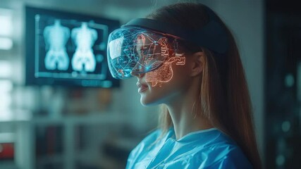 Poster - Female doctor using augmented reality headset with real-time brain scan visualization, revolutionizing medical education and neurology diagnostics. Advanced AR technology for precision healthcare solu