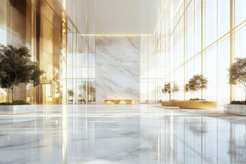 Aufkleber - Modern minimalist interior design featuring large windows and marble flooring with golden accents in a bright, airy space