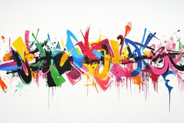 Poster - Colorful graffiti mural showcasing vibrant abstract designs on a white wall, capturing the essence of street art culture in an urban setting