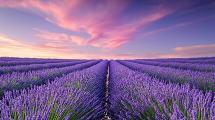Poster - stunning lavender field at sunset illuminated by warm golden light with a breathtaking sky blending 