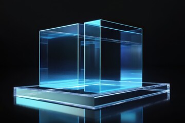 Poster - Modern glass structures with illuminated edges on a dark reflective surface