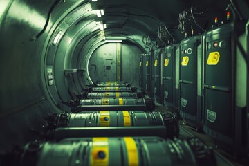 Poster - Industrial setting featuring advanced equipment in a narrow corridor with machines