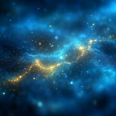 abstract cosmic nebula display. vibrant swirling patterns of glowing blue and gold particles