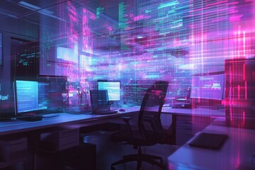 Poster - Data analysis workspace with multiple screens displaying graphs and statistics in a modern office setting during evening hours