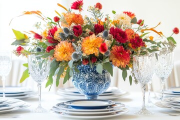 Aufkleber - Floral arrangement featuring white, orange, and pink flowers elegantly displayed on a white plate with delicate branches
