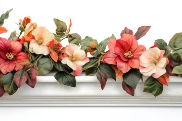 Aufkleber - Floral arrangement featuring white, orange, and pink flowers elegantly displayed on a white plate with delicate branches