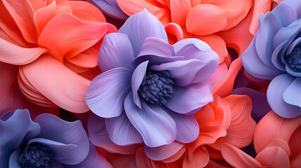 Fototapete - Close Up of Textured Purple and Coral Flowers Digital Art