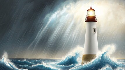 Poster - A sturdy lighthouse standing tall in the open ocean surrounded by calm waters and beautiful blue skies during daylight hours