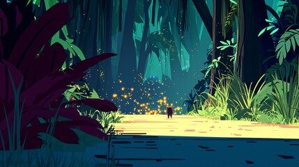 Poster - Person walking through a mystical forest illuminated by fireflies creating a dreamlike atmosphere of nature and enchantment in the wilderness