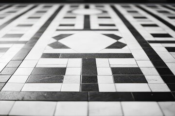 Poster - Elegant black and white tiled floor design featuring geometric patterns in a contemporary setting