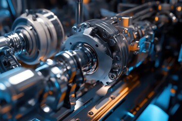 Poster - Detailed close-up of a complex mechanical assembly in a high-tech environment
