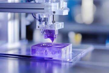 Poster - Advanced 3D printer creating a purple resin object in a modern workshop