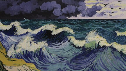 Poster - bold painting of a stormy ocean with crashing waves depicting powerful energy and motion in a dramat