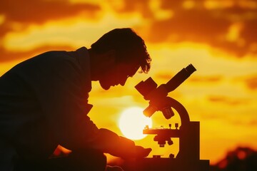 Poster - Scientist observes specimens under a microscope during sunset at a research site