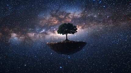 Poster - Tiny floating island with a single tree drifting through the clouds in a dreamlike sky filled with wonder and imagination