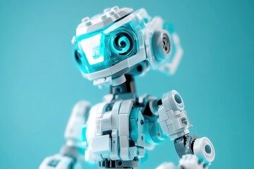 Poster - Innovative robotic figure with glowing blue accents on a bright teal background