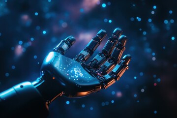 Poster - Robotic hand reaching out amid cosmic backdrop of stars and galaxies