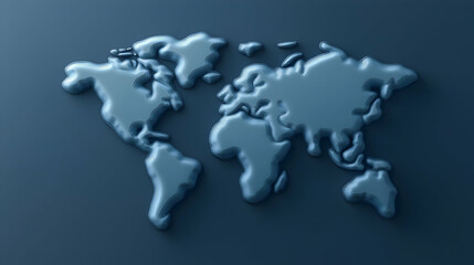 Fototapete - Metallic Blue 3D World Map on Dark Background
