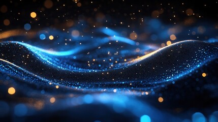 Poster - Abstract Blue and Gold Particle Waves: Digital Art