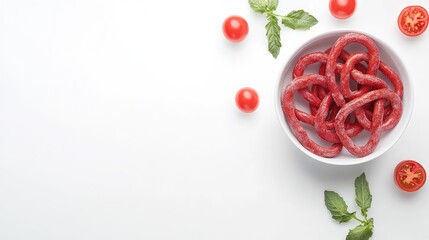 Poster - A bowl of tomato-flavored pretzels placed on a white surface with open space to the left for product details or branding