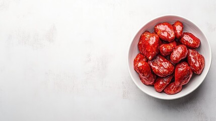 Poster - A bowl of tomato-flavored pretzels placed on a white surface with open space to the left for product details or branding