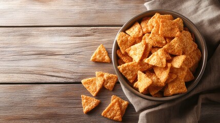 Poster - A bowl of roasted tomato-flavored snacks surrounded by empty space for branding, arranged on a rustic wooden table