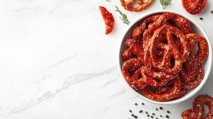 Poster - A bowl of tomato-flavored pretzels placed on a white surface with open space to the left for product details or branding