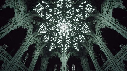 Poster - Majestic cathedral with a clock displaying artistic random symmetry and diffused glow from a high angle creating a striking visual impact