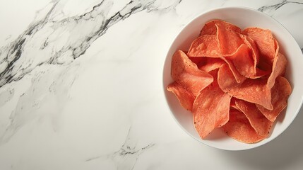 Poster - A bowl of tomato-flavored tortilla chips neatly arranged on a white plate with room for branding or design beside them