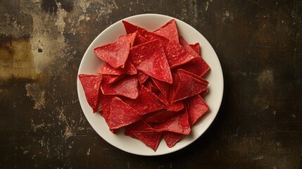 Poster - A bowl of tomato-flavored tortilla chips neatly arranged on a white plate with room for branding or design beside them