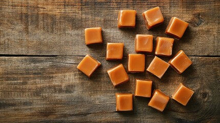 Poster - A clean, minimalistic shot of caramel toffee arranged on a rustic table with plenty of room for promotional text