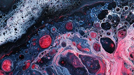 Poster - Captivating abstract art featuring black and red liquid swirls with a randomized depth and twilight glow in a striking macro shot