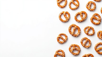 Poster - A close-up of caramel-coated pretzels scattered on a white surface with ample space to the left for product details or text