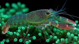 18. Alien crustacean like lifeform with multicolored carapace and biooptical camouflage nestled between glowing xenoflora