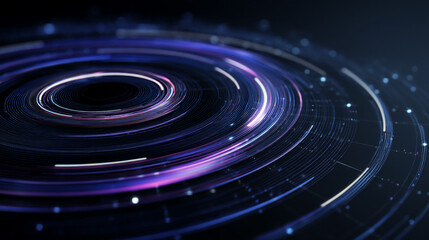 Poster - Abstract image of concentric glowing purple and blue circles, creating a dynamic and technological effect, symbolizing innovation, speed, and data flow