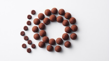 Poster - A neat pile of chocolate truffles arranged in a circle on a clean white background with open space to the left for product branding