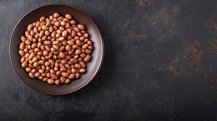 Poster - A pile of chocolate-coated peanuts arranged on a dark plate, with plenty of empty space on the right for branding or copy