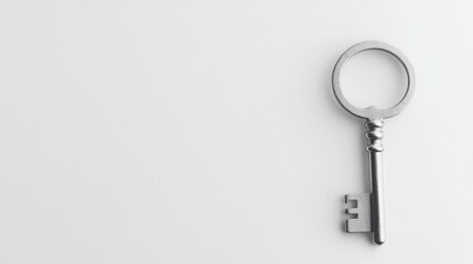 Poster - A shiny, silver key placed on a clean white background, symbolizing the key to success, with plenty of space for text or promotional content