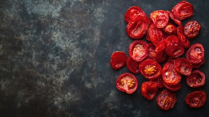 Poster - A top-down view of tomato-flavored chips piled on a dark surface with ample space surrounding them for design or text