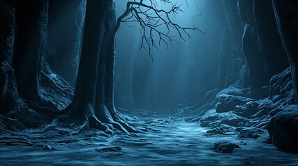 Poster - Enchanting dark forest scene with light filtering through trees captured in abstract art style featuring textured layers and ethereal illumination
