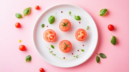 Poster - A top view of a clean white plate with tomato-flavored snacks, with open space surrounding them for marketing content