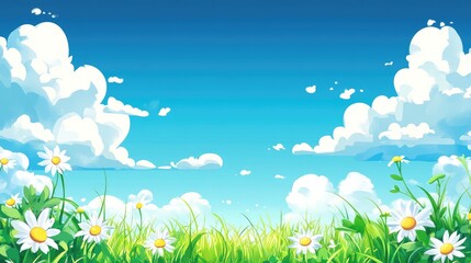 Poster - A vibrant blue sky with fluffy clouds over a field of bright green grass, evoking happiness and freedom, with plenty of space for promotional text