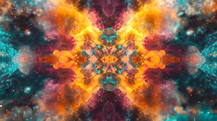 kaleidoscopic cosmic bloom featuring celestial colors of orange, teal, and violet stardust