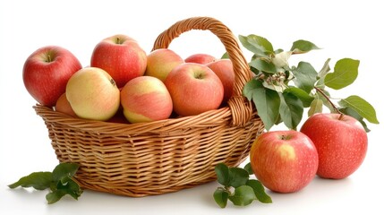 Poster - Classic basket brimming with apples, placed next to leaves on a white surface with clean copy area