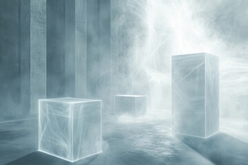 Poster - Ethereal light shines on glowing cubes in a misty, futuristic environment at midday