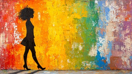 Poster - A woman walking gracefully in front of a brightly colored wall illuminated from behind creating a striking backlit silhouette in an artistic scene