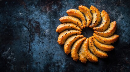 Poster - Crispy baked crackers with seeds arranged in spiral pattern, with empty space
