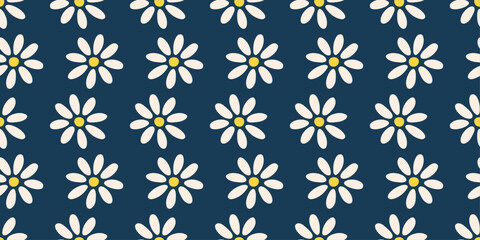 Aufkleber - seamless pattern featuring white daisies with yellow centers against a deep blue background. The daisies are stylized with rounded petals and a simple, cheerful design.